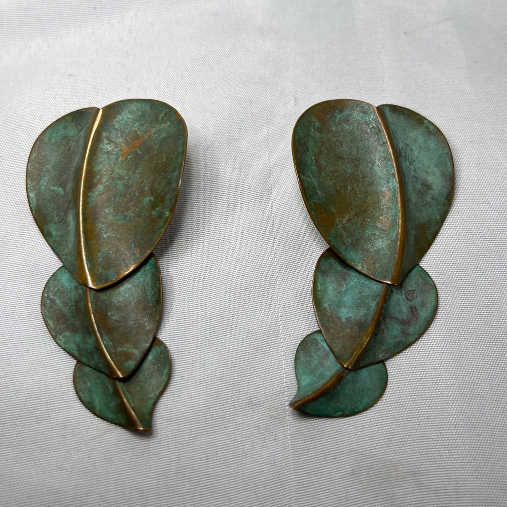 Vintage Verdigris Patina Tiered Leaf Drop Earrings Artisan Copper Statement